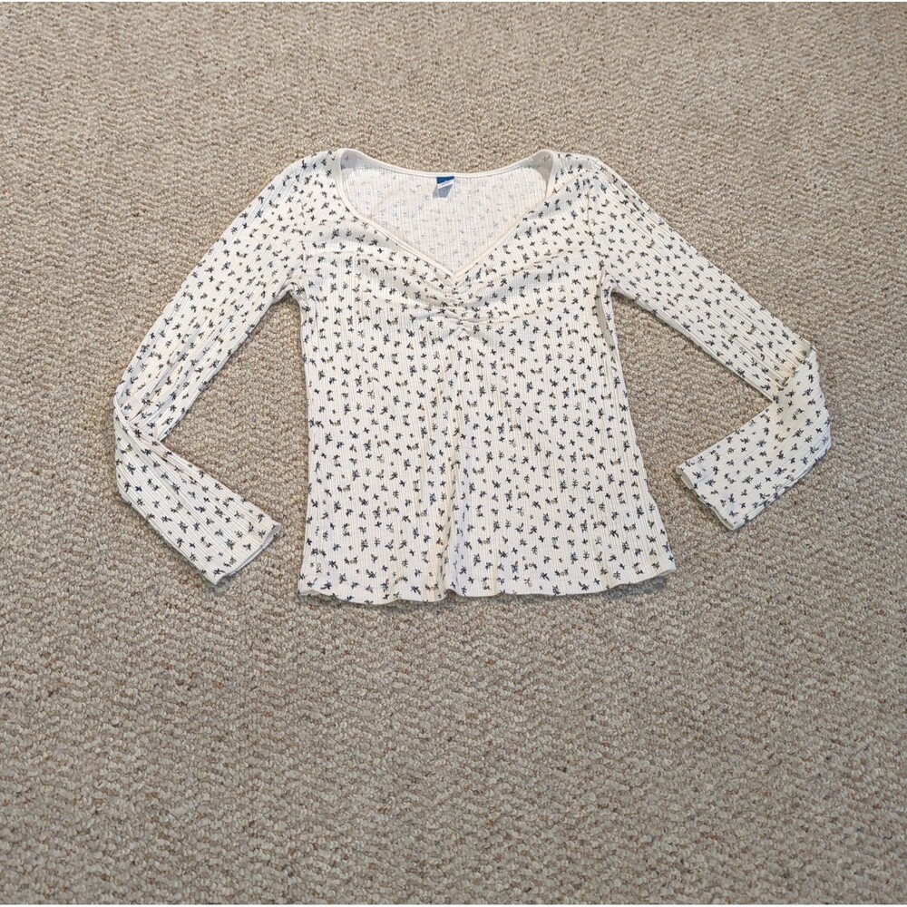 Old Navy Floral Ribbed Slub Knit Cinched Front Top Shirt M Floral Cottagecore